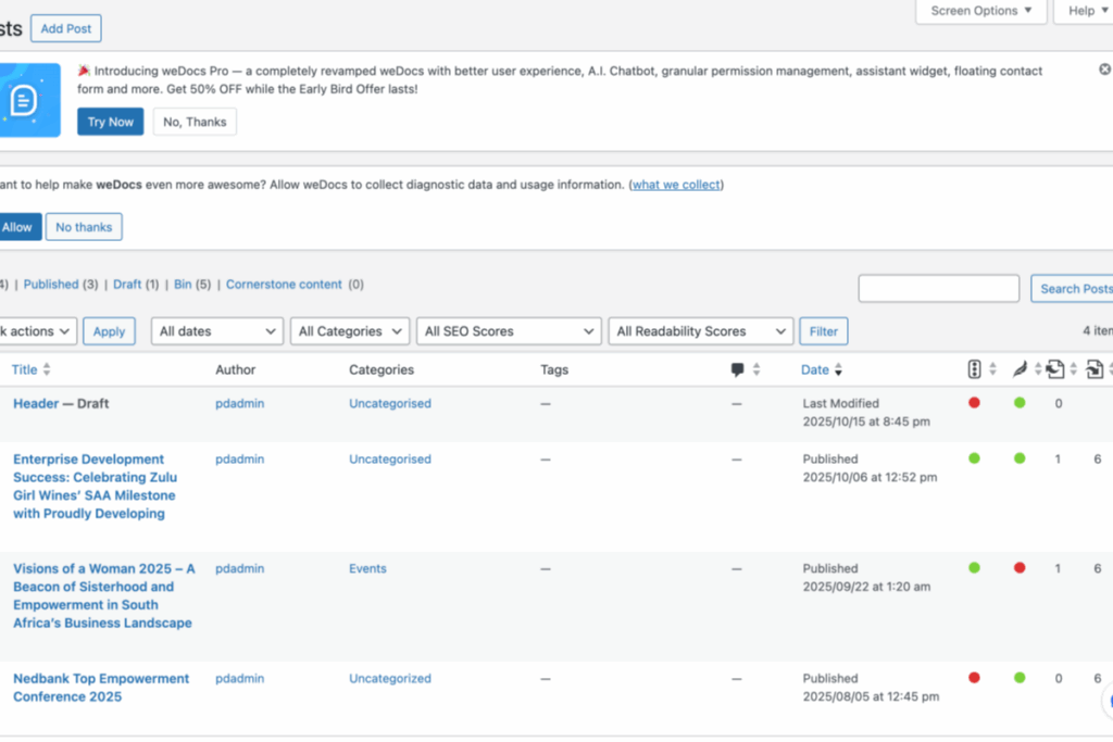 WordPress posts dashboard showing a list of published posts, their categories, tags, SEO, readability scores, author, and status indicators, with plugin update and feedback banners at the top. - Proudly Developing