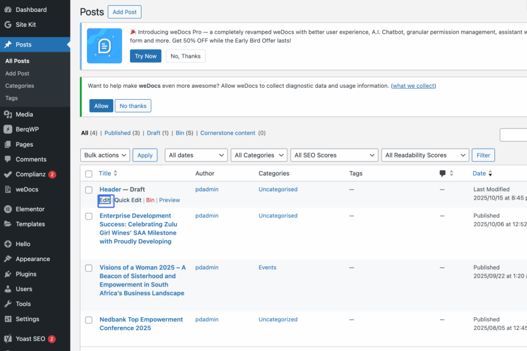 WordPress dashboard view showing the Posts section with three posts listed, two published and one draft, alongside plugin notices and admin controls visible at the top. - Proudly Developing