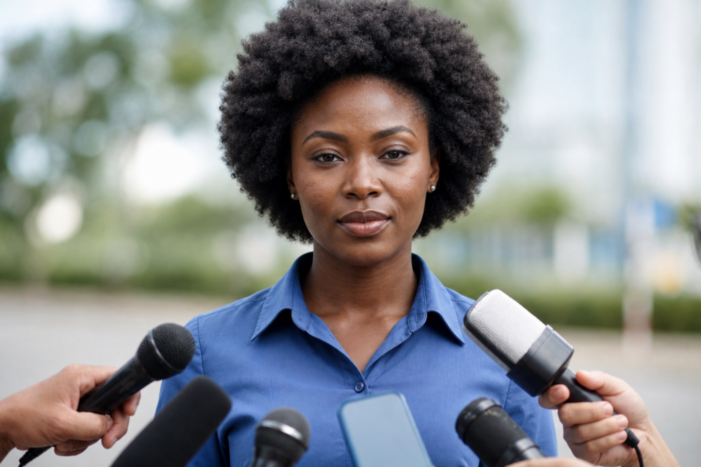 A woman in a blue shirt stands outside, facing several microphones held by reporters from Rubberband Communications during an interview. - Proudly Developing