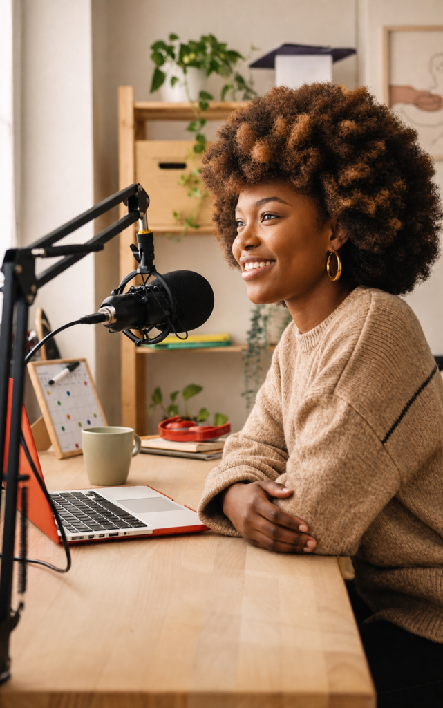A woman sits at her desk with a laptop and microphone, smiling as she records or speaks, representing Rubberband Communications. The background is filled with plants and office supplies, creating a warm and professional atmosphere perfect for content creation. - Proudly Developing