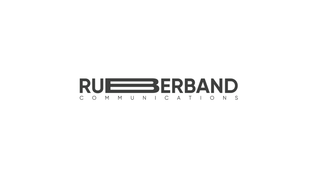 Rubberband Communications logo with the letters "BB" cleverly stylised as a stretched rubber band; all text reads "RUBBERBAND COMMUNICATIONS" in bold, uppercase black font on a clean white background. - Proudly Developing