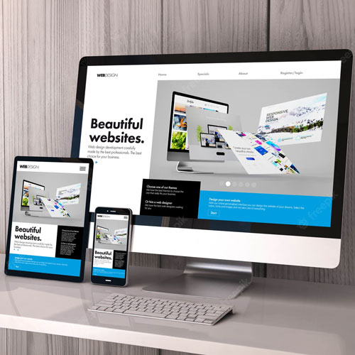 A desktop monitor, tablet, and smartphone display the same website with a “Beautiful websites” headline in a modern workspace—showcasing the creative work of a black-owned digital marketing agency in South Africa. - Proudly Developing
